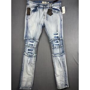 NWT FWRD Denim Jeans Mens Size 36 Blue Multi Distressed Denim Biker Moto